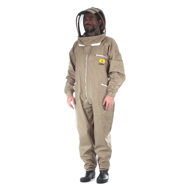 Green Beekeeping Suit with hood design made by goldbee. Multiple pockets with yellow logo. Classic bee suit with Hood extension